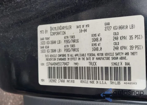 2005 Dodge Dakota Slt z USA, uszkodzony, nr VIN 1D7HW48N05S178467